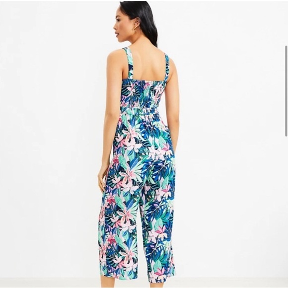 LOFT Blue and Pink Floral Jumpsuit with Wide-Leg Cropped Pants - Picture 2 of 4